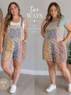 Blue Sky Patchwork Floral Overalls Shorts